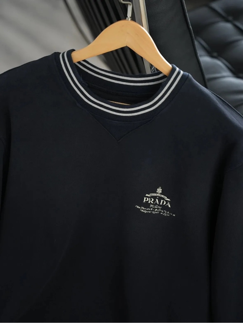 Prada Men’s Navy Crewneck with Striped Ribbed Collar